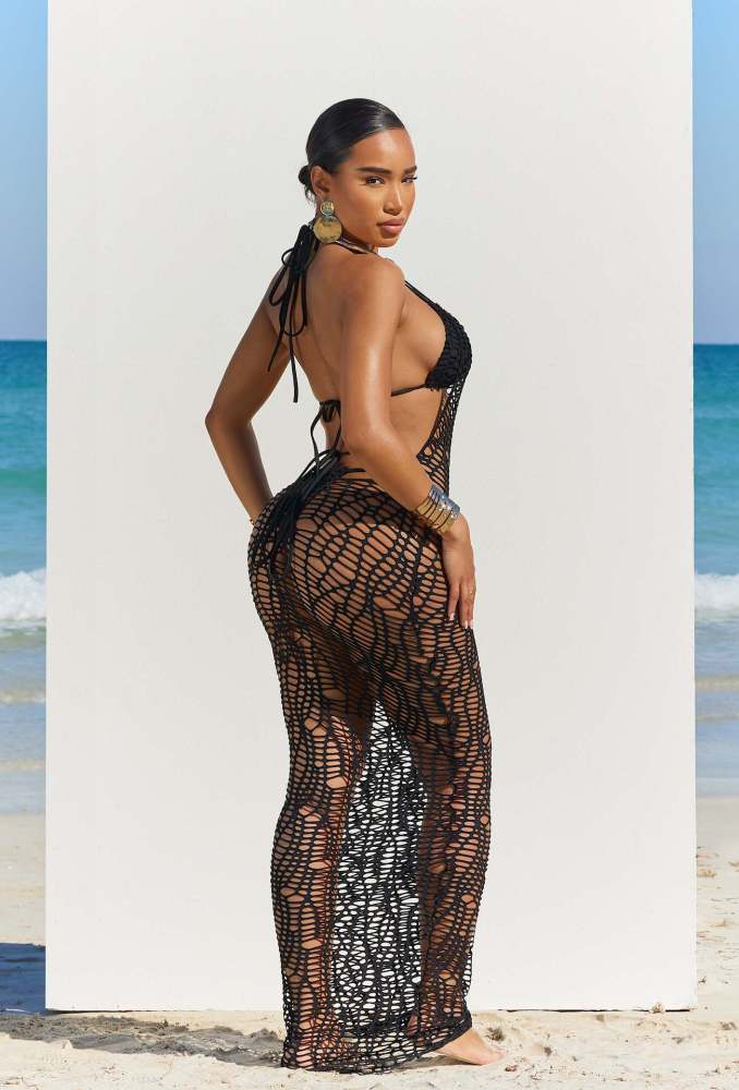 Sexy Cup Bikini and Thong Beach Long Skirt Ensemble Seductive Cut-out Backless Halter Three-piece Set