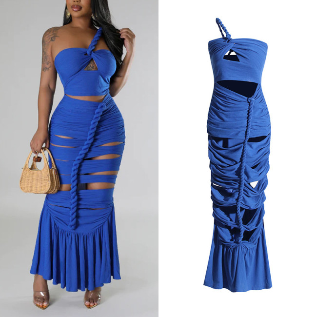 Hollow Out Twisted Pleats Design Single Shoulder Long Dress