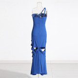 Hollow Out Twisted Pleats Design Single Shoulder Long Dress
