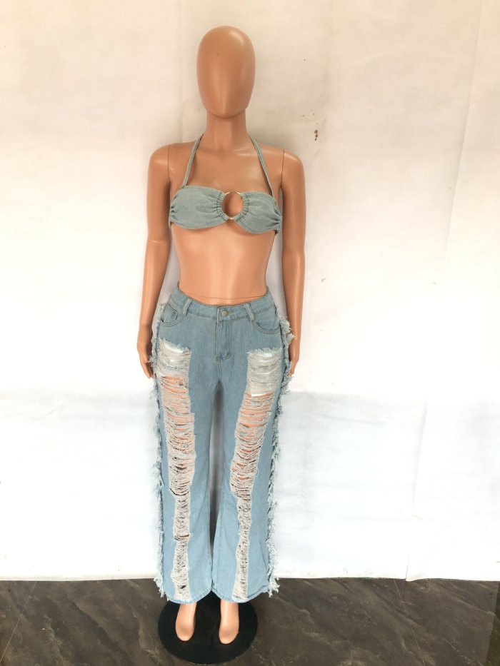 Distressed Slimming Denim Jeans Set for Women