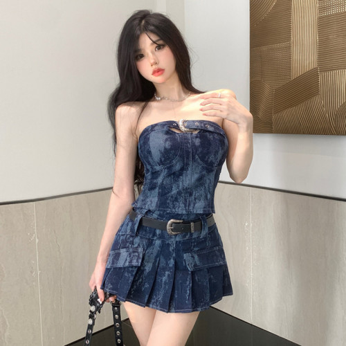 Strapless Denim Top with Pleated Mini Skirt Set