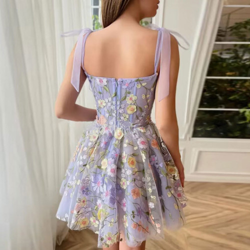 Women's Fashion Flower Embroidery Sexy Strap Bodycon Dress