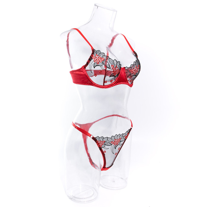 Sexy Embroidered See Through Mesh Two Piece Lingerie Set