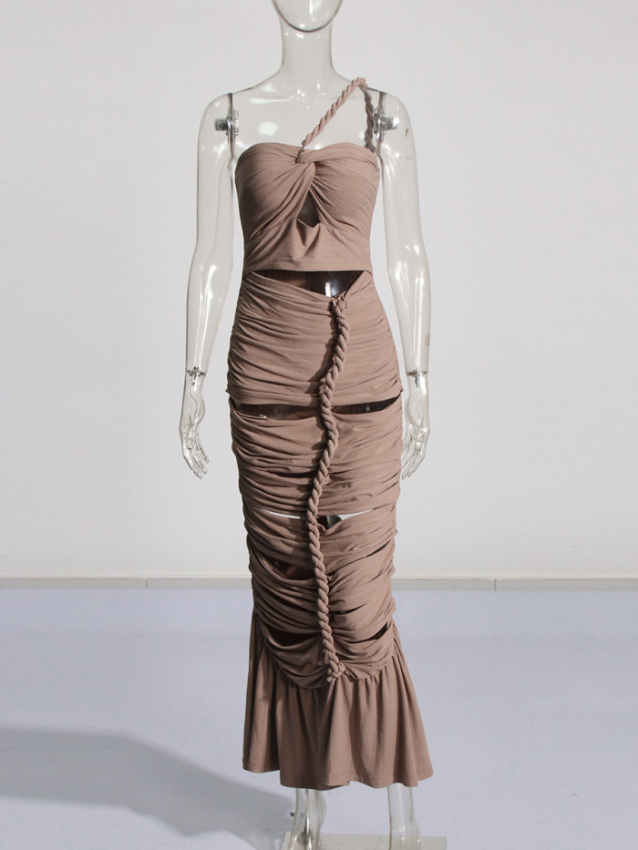 Hollow Out Twisted Pleats Design Single Shoulder Long Dress