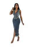 IHOOV outdoor vintage Denim vest Jacket Midi women Denim Skirt Two Piece Sets