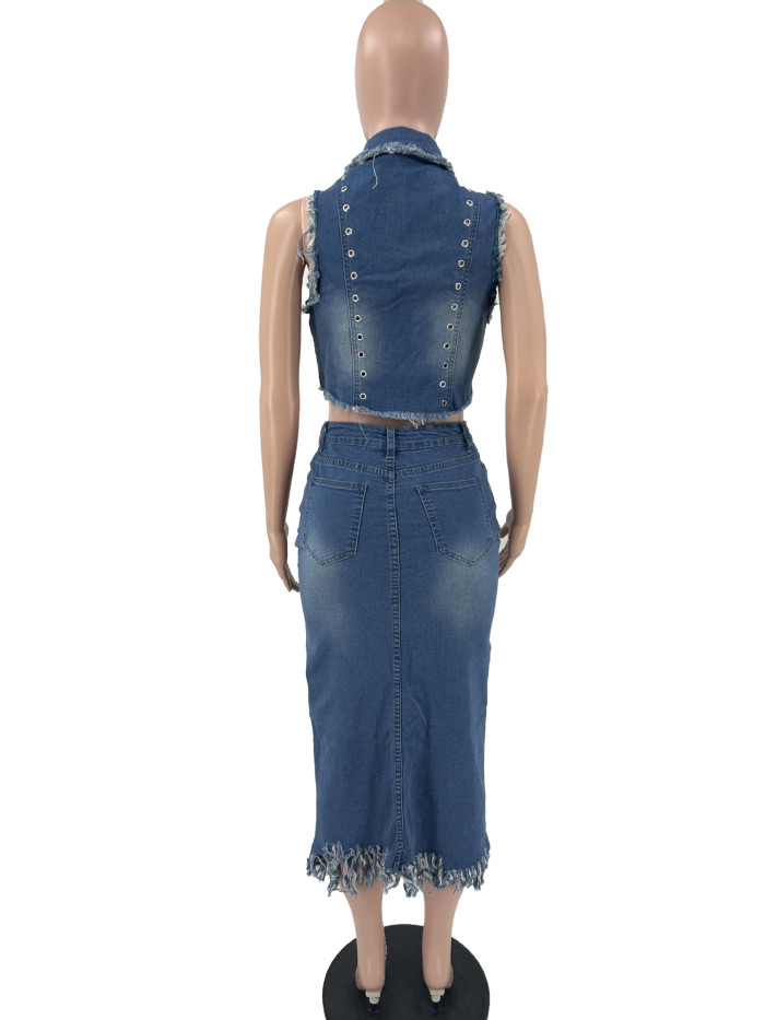IHOOV outdoor vintage Denim vest Jacket Midi women Denim Skirt Two Piece Sets