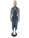 IHOOV outdoor vintage Denim vest Jacket Midi women Denim Skirt Two Piece Sets