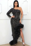 Women Sequined One-shoulder Mesh Irregular Dress