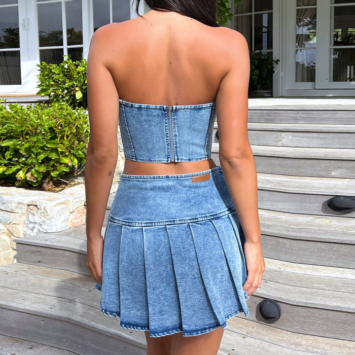 Sleeveless Sexy Navel-Revealing High-Waisted Split Skirt with Strapless Denim Set
