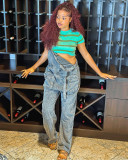 Spacious Pocket Loose Strap Denim Wide-Leg Jumpsuits
