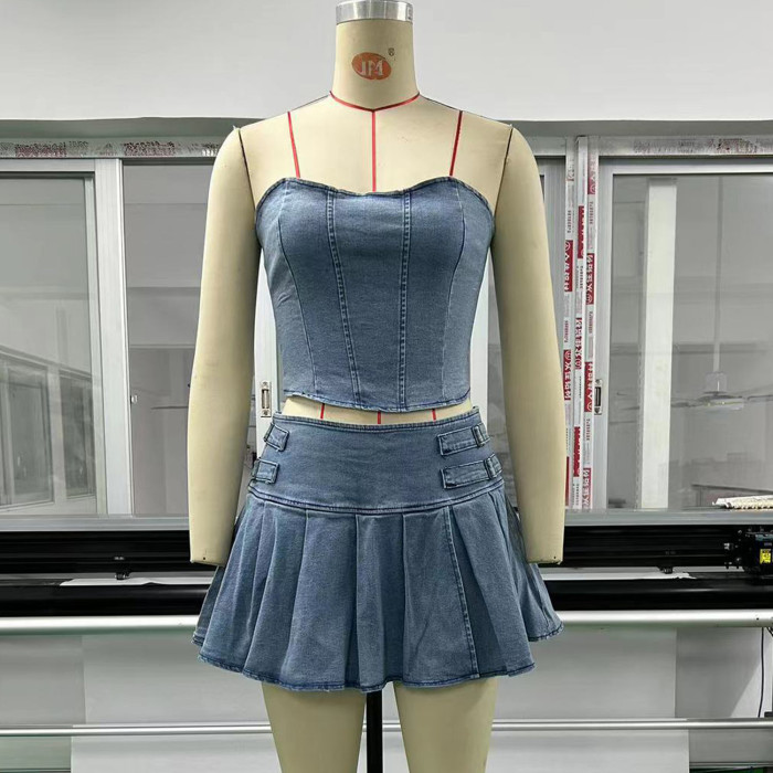 Sleeveless Sexy Navel-Revealing High-Waisted Split Skirt with Strapless Denim Set