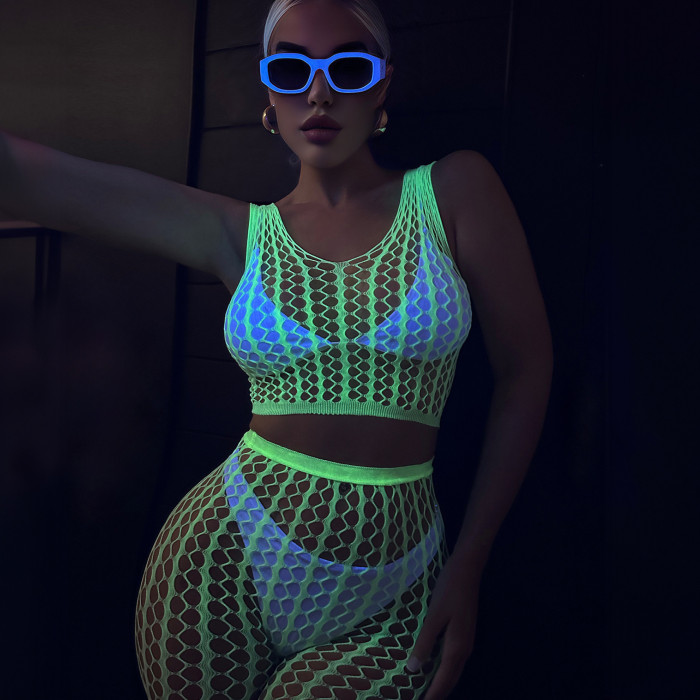 Fluorescent Green Luminous Hollow Out Two-Piece Set Fishnet Stockings, Fishnet Lingerie Women's Beach Cover-Up