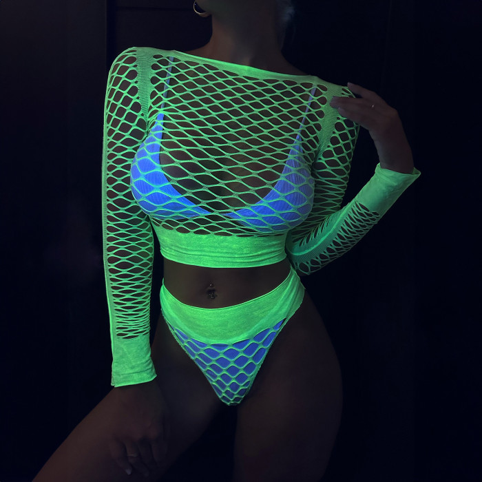 Fluorescent Green Glow-in-the-Dark Hollow Out Fishnet Lingerie Se