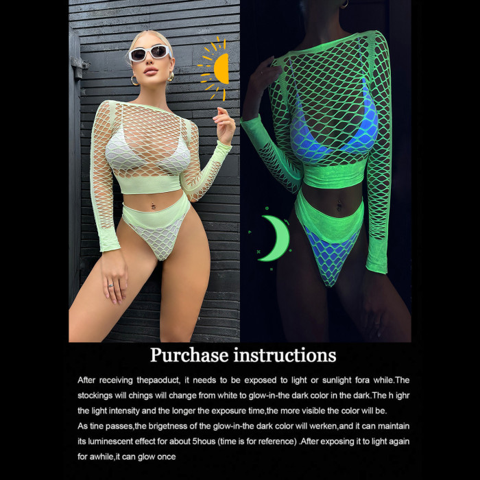 Fluorescent Green Glow-in-the-Dark Hollow Out Fishnet Lingerie Se