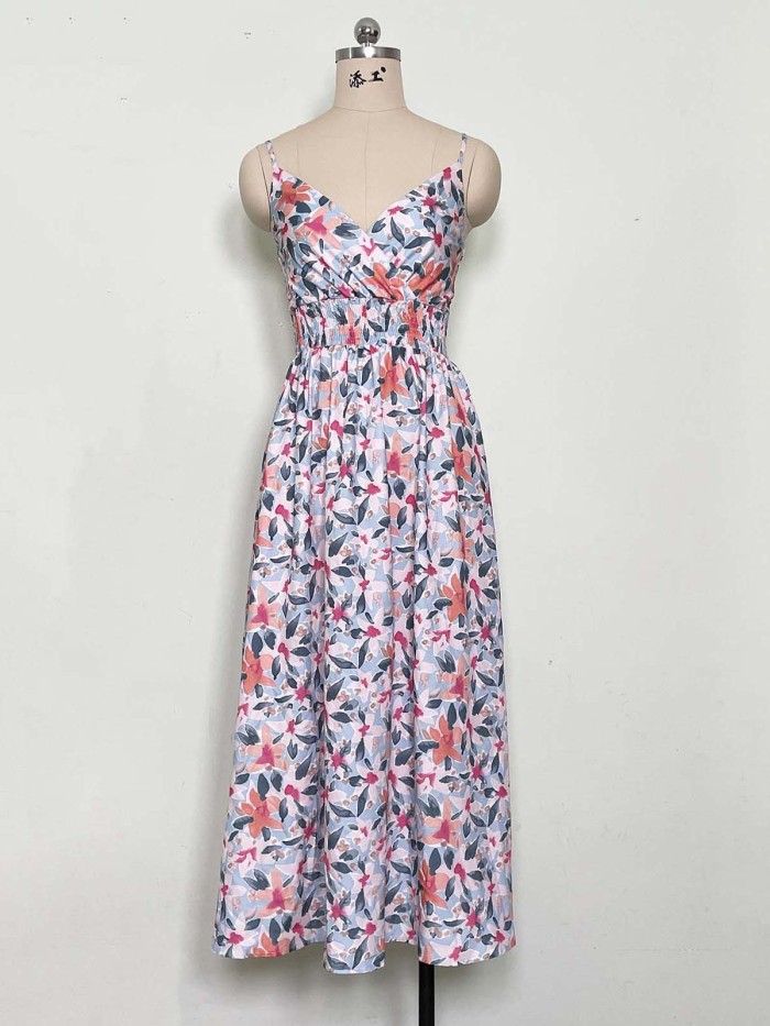 Printed Halter V-Neck Waist-Cinching Dress