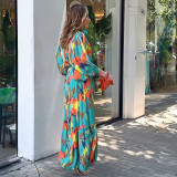 Printed Elegant Lapel Single-breasted Button Long Dress