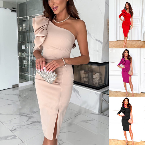Ihoov Solid Color Bodycon Midi Dress with Short Sleeves