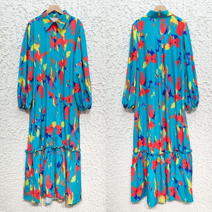 Printed Elegant Lapel Single-breasted Button Long Dress