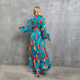 Printed Elegant Lapel Single-breasted Button Long Dress