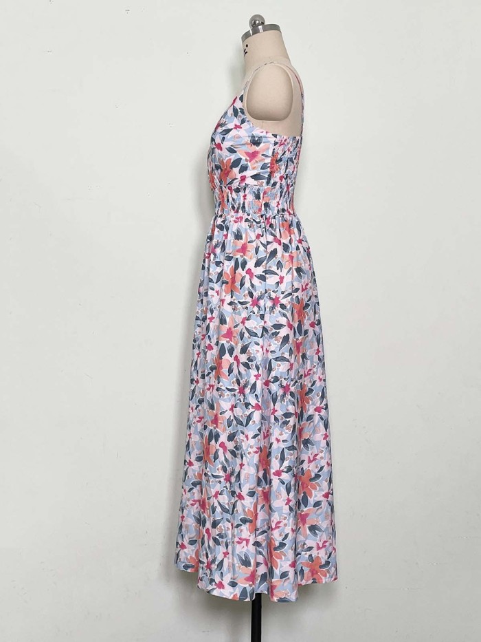 Printed Halter V-Neck Waist-Cinching Dress