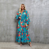 Printed Elegant Lapel Single-breasted Button Long Dress
