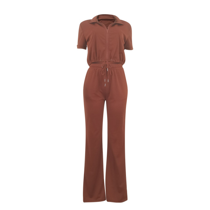 Chic Casual Zip-Up Top and Flared Pants Two-Piece Set