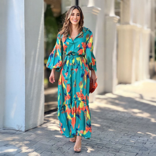 Printed Elegant Lapel Single-breasted Button Long Dress