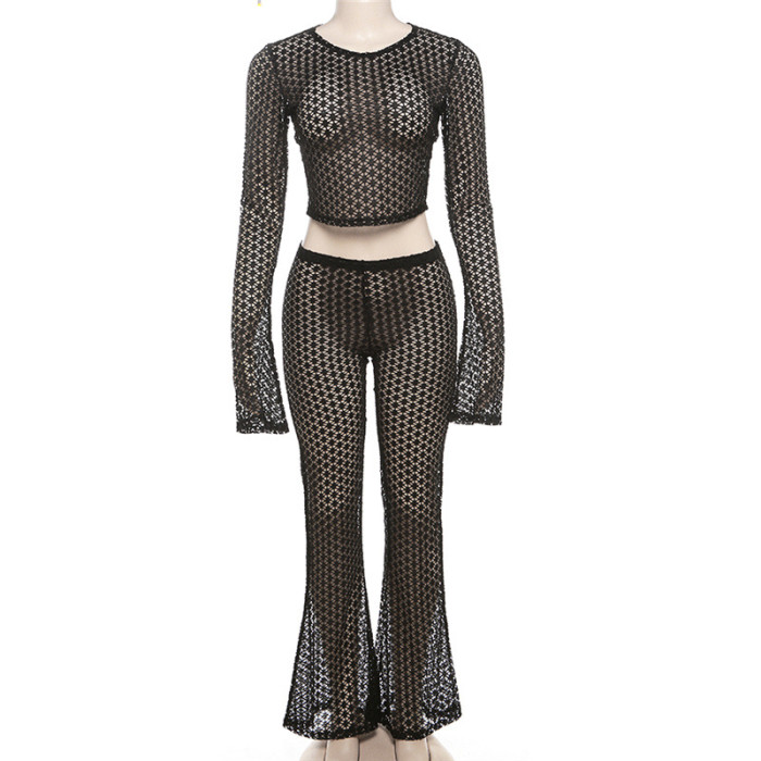 Sexy Mesh See-Through Crop Top High Waist Pants Two Piece Set