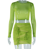 Fitted Round Neck Mesh Short T-Shirt with Patchwork Maze Mini Skirt  Two-Piece Set