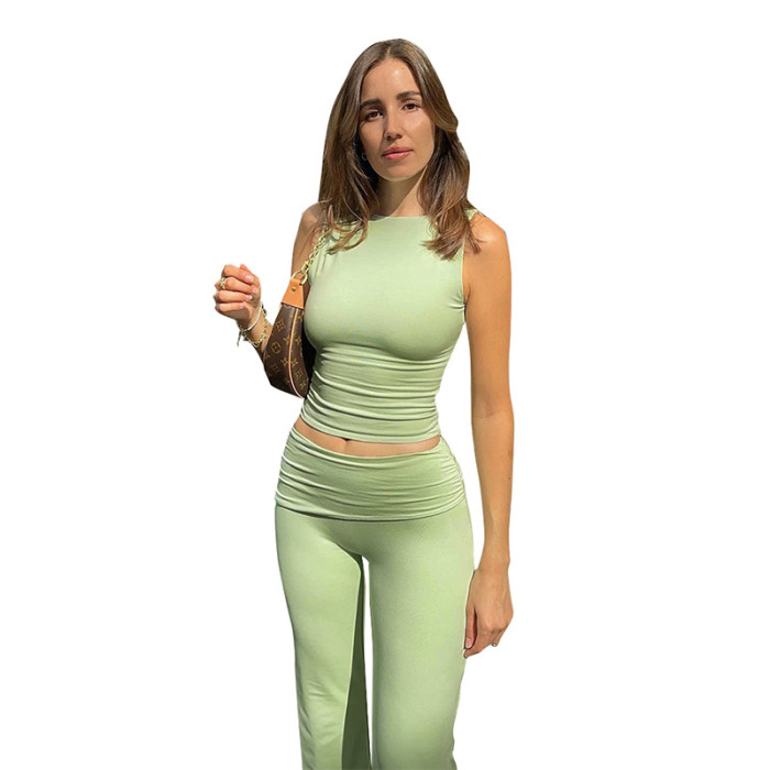 Solid Color Round Neck Short Sleeve Top and High-Waisted Long Pants Set