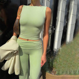 Solid Color Round Neck Short Sleeve Top and High-Waisted Long Pants Set