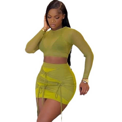 Fitted Round Neck Mesh Short T-Shirt with Patchwork Maze Mini Skirt  Two-Piece Set
