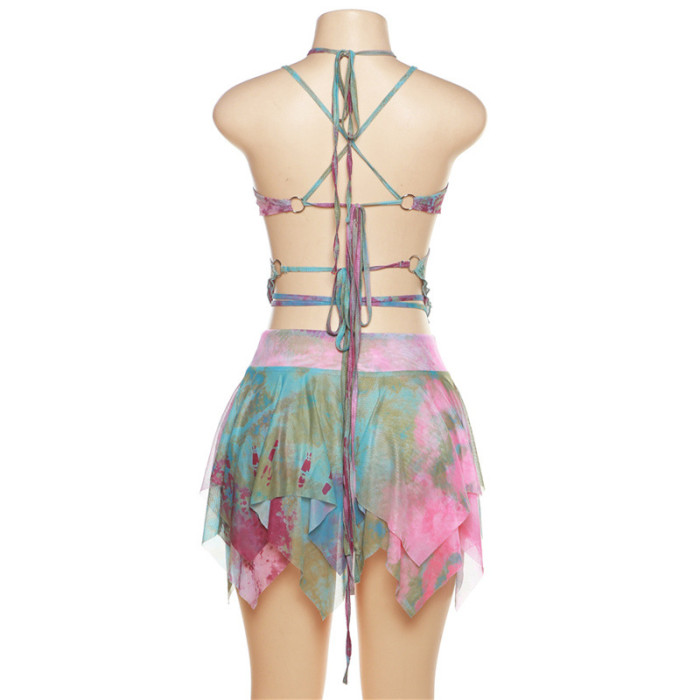 Sweet and Sexy Low-Cut Navel-Baring Tassel Mini Skirt Three-Piece Set