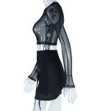 Fitted Round Neck Mesh Short T-Shirt with Patchwork Maze Mini Skirt  Two-Piece Set