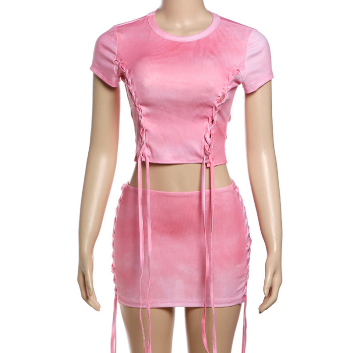 Casual Drawstring Pleated Gradient Color High Waist Slim Fit Mini Skirt Set