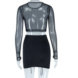 Fitted Round Neck Mesh Short T-Shirt with Patchwork Maze Mini Skirt  Two-Piece Set