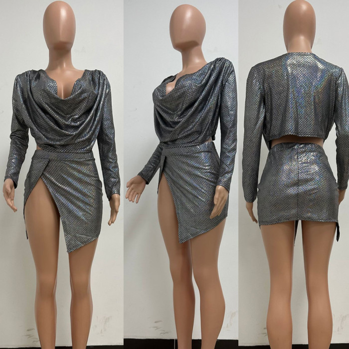 Deep V-Neck Pleated Droplet Glue Split Long Sleeve Two-Piece Dress Set