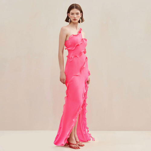 Sexy Slanted Shoulder Lace Trimmed Flowing Sash High-slit Solid Color Dress