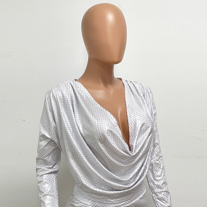 Deep V-Neck Pleated Droplet Glue Split Long Sleeve Two-Piece Dress Set