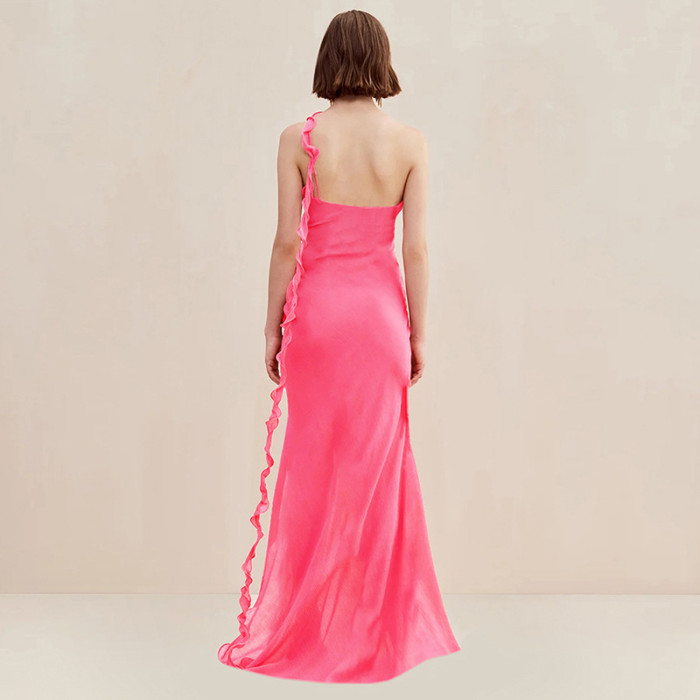 Sexy Slanted Shoulder Lace Trimmed Flowing Sash High-slit Solid Color Dress