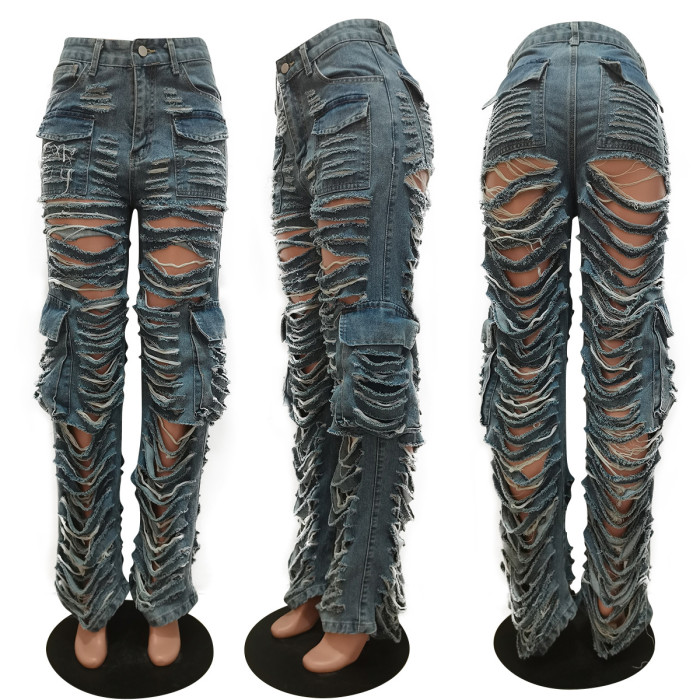 Distressed stretch denim pant high waist straight leg ripped baggy jeans women