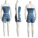 Women's Clothing Strapless Fashion Two Piece Denim Shorts Set