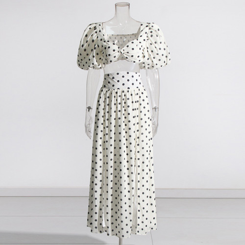 Elegant Ruffled Collar Bubble Sleeve Top + High-Waisted Slit Midi Skirt