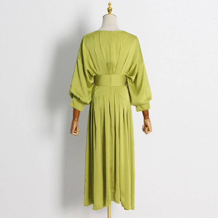 Elegant Romantic Satin One-Shoulder Cinched Waist Pleated 7/8 Puff Sleeve Dress
