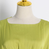 Elegant Romantic Satin One-Shoulder Cinched Waist Pleated 7/8 Puff Sleeve Dress