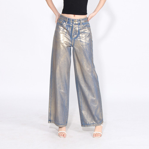 Luxurious Gold-Foil Embellished High-Waist Loose Wide-Leg Casual Jeans