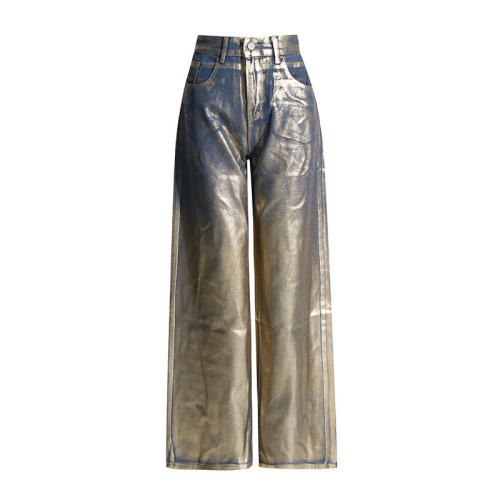 Luxurious Gold-Foil Embellished High-Waist Loose Wide-Leg Casual Jeans