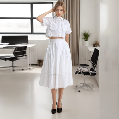 Unique Embroidered Shirt and Lace-Trimmed High-Waisted Skirt Fashion Set