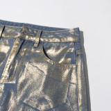 Unique Design Embossed Gold Denim Skirt women