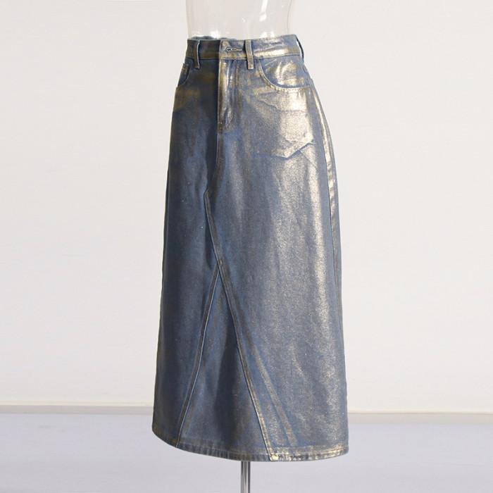 Unique Design Embossed Gold Denim Skirt women